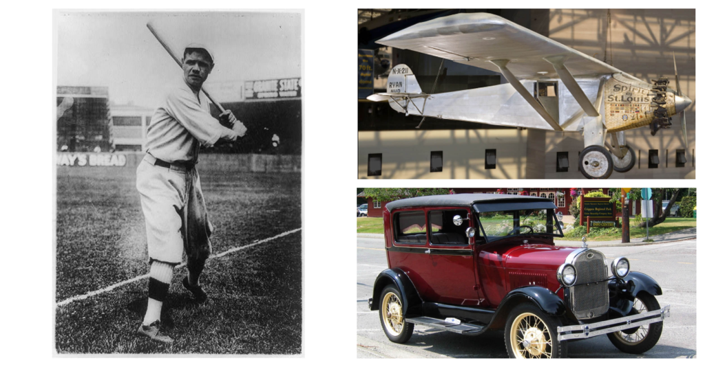 Left: Black-and-white image of Babe Ruth -- a large man -- standing in a baseball stance with the bat on his shoulder. The baseball stadium is in the background.
Top right: The small silver Spirit of St. Louis is suspended from the ceiling of the museum. It's name is written on the airplane's nose.
Bottom right: A red old-fashioned looking car.