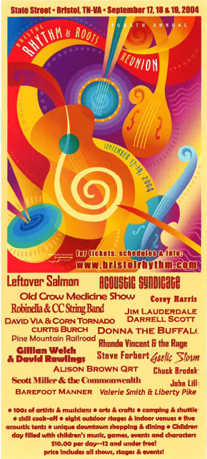 Front of the 2004 Bristol Rhythm rack card listing bands who played at the festival, including Old Crow Medicine Show.