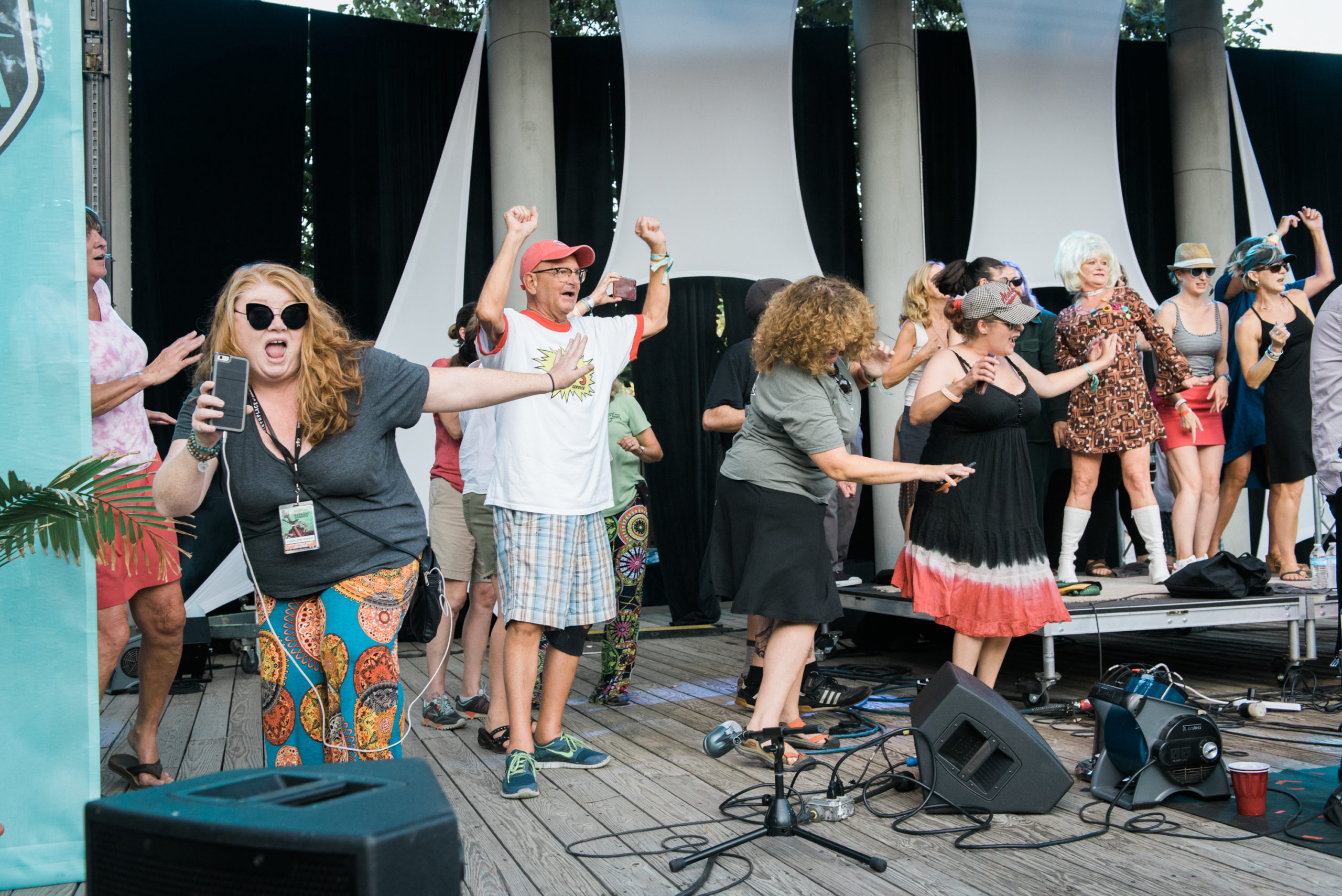 A group of people dancing on stage at Bristol Rhythm & Roots Reunion with the band, including the blog author.
