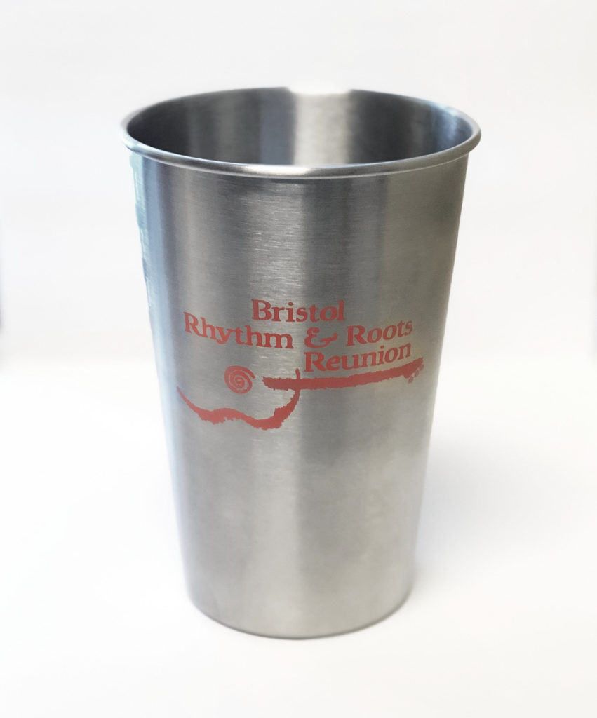 The stainless steel cup with the Bristol Rhythm & Roots Reunion logo in orange on its front.