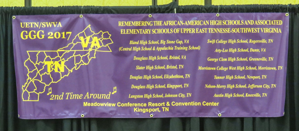 Purple Great Golden Gathering 2017 banner with yellow lettering including the names of the schools and a map of upper east Tennessee and southwest Virginia.
