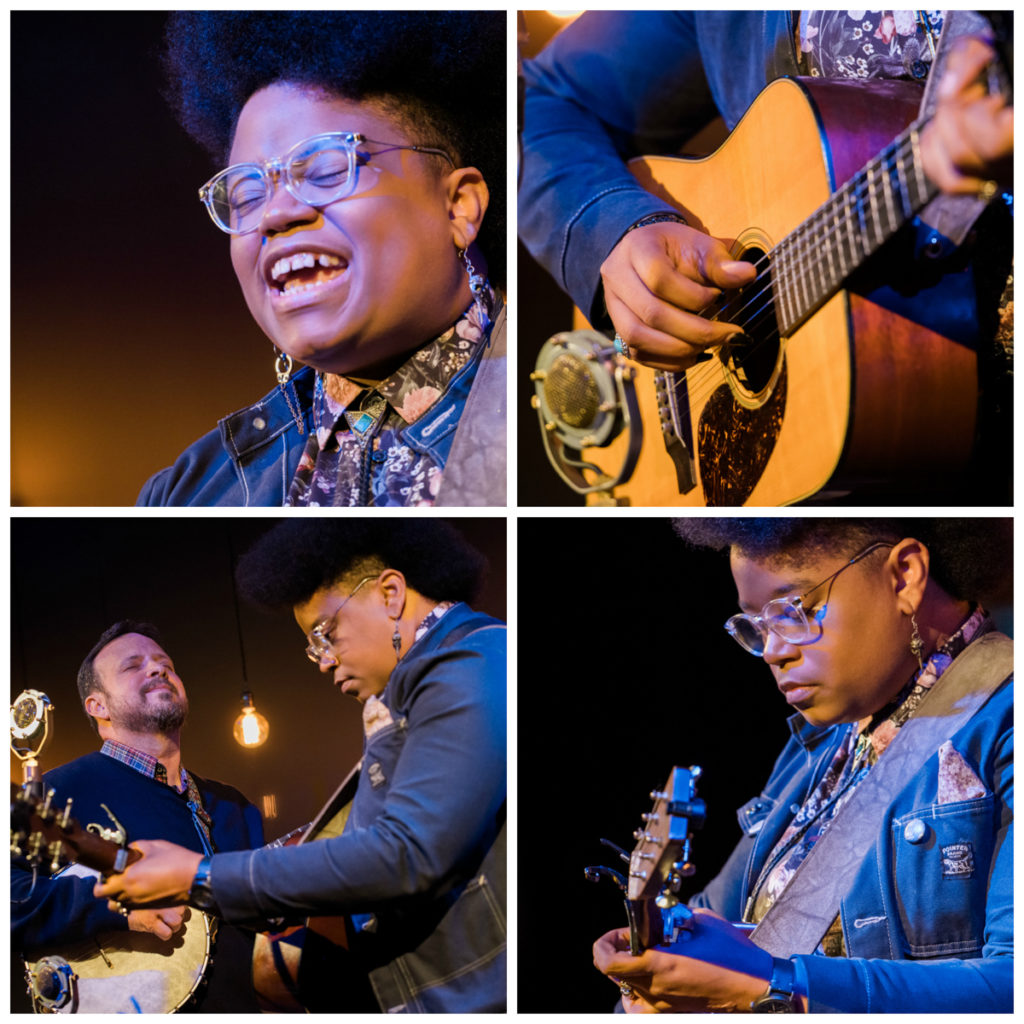  Top left: Close up of Amythyst's face while singing; Top right: Close up of her hand playing the guitar; Bottom left: Amythyst (on guitar) and Roy Andrade (on banjo) play together at the mic; Bottom right: Close up of Amythyst playing.