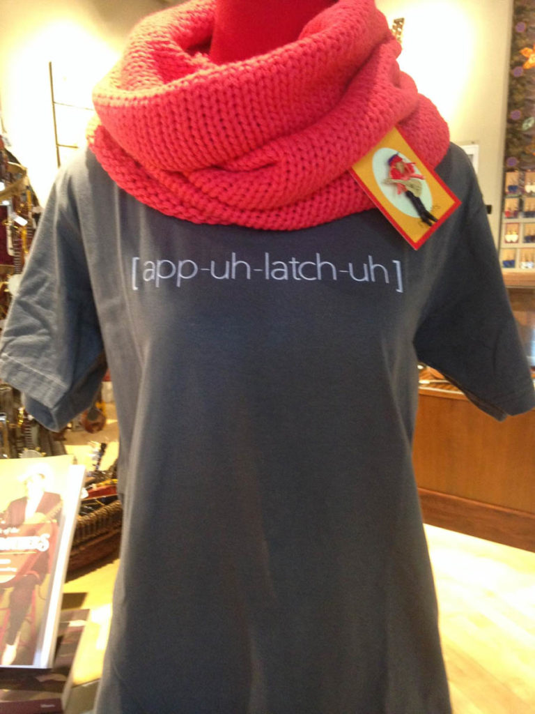 The photograph show a display mannequin showcasing a grey t-shirt, red scarf, and musician brooch. The t-shirt has the word [app-uh-latch-uh] on it.