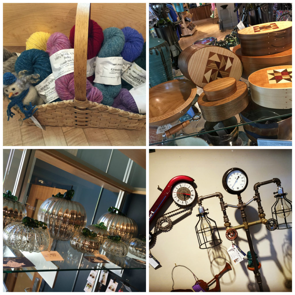 Different artisan items from the Birthplace of Country Music Museum store, including hand-dyed yarn, wooden boxes, glass pumpkins, and a steampunk lamp