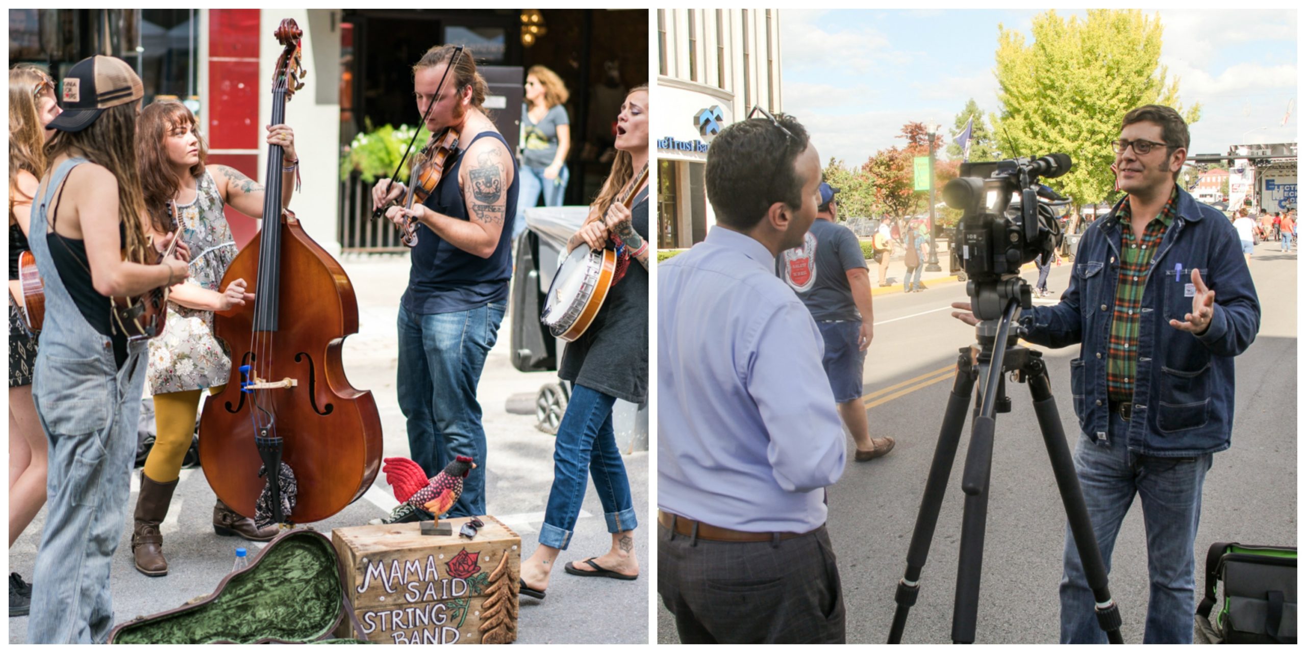 Left image shows the Mama Said String Band set up on the street busking with their case open for tips; right image shows J. P. Parsons talking on camera with a member of PLA Media.