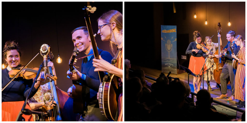 Left pic: Bill and two of the Belles grouped together for a song; left pic: The full band is shown with the packed audience in front of them.