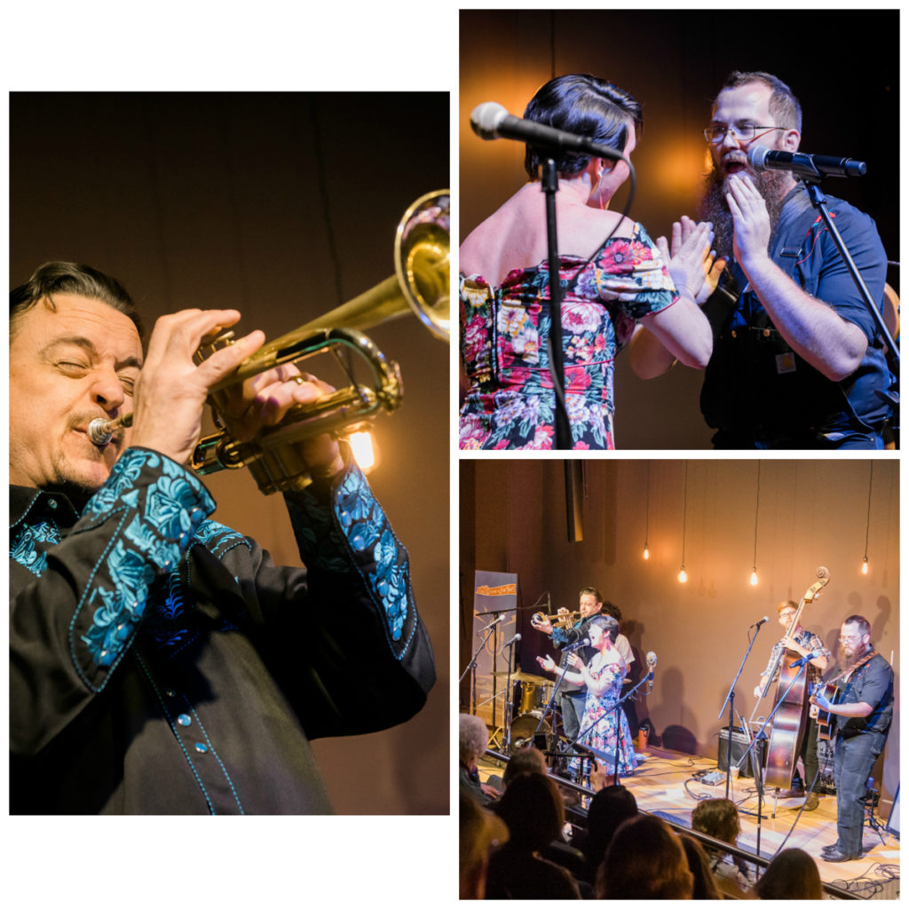 Three pics: Member of Bumper Jacksons on trumpet; two band members doing a clapping song; and the full band on stage.