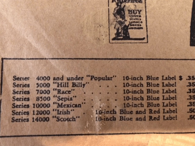 Detail from Decca record sleeve listing several genre types such as Hill Billy, Race, Sepia, Mexican, Irish, and Scotch, along with their price.