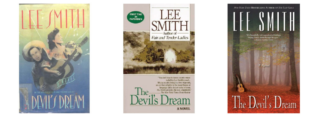 Three covers of The Devil's Dream showing a woman playing guitar with a man behind here (left), an atmospheric photograph of a cabin in the woods (center), and a foggy wood with red leaves on the ground and a guitar learning against a tree (right).