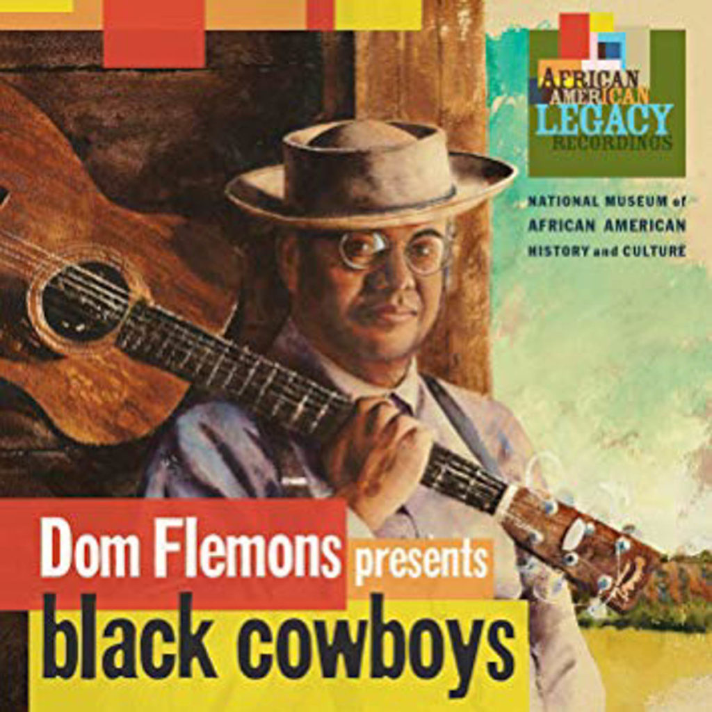 Cover of Dom Flemons' Black Cowboys with an illustration of Flemons with a guitar over his shoulder. 