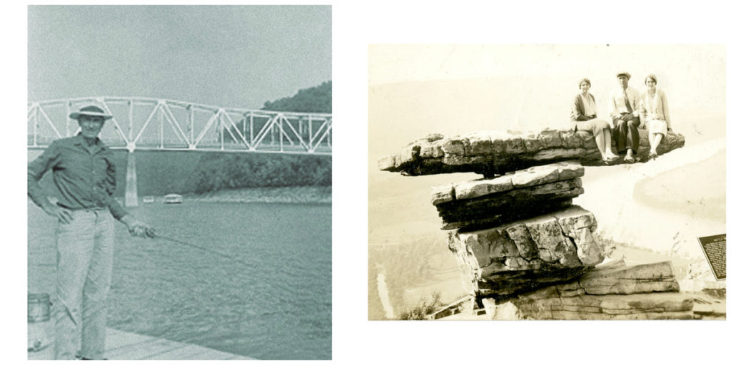 The picture to the left show Ernest Phipps in front of a bridge at the side of the lake; he is holding a fishing pole. The picture to the right shows Ernest Phipps, wife Minnie, and an unknown women perched on top of a "stack" of rocks above a river plain.