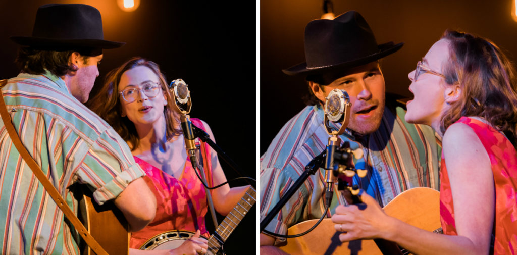Two close ups of Sarah and Austin McCombie singing together at the mic. He plays the guitar and wears a striped top and black cowboy-style hat, and she plays the banjo and wears a red/orange top and glasses.