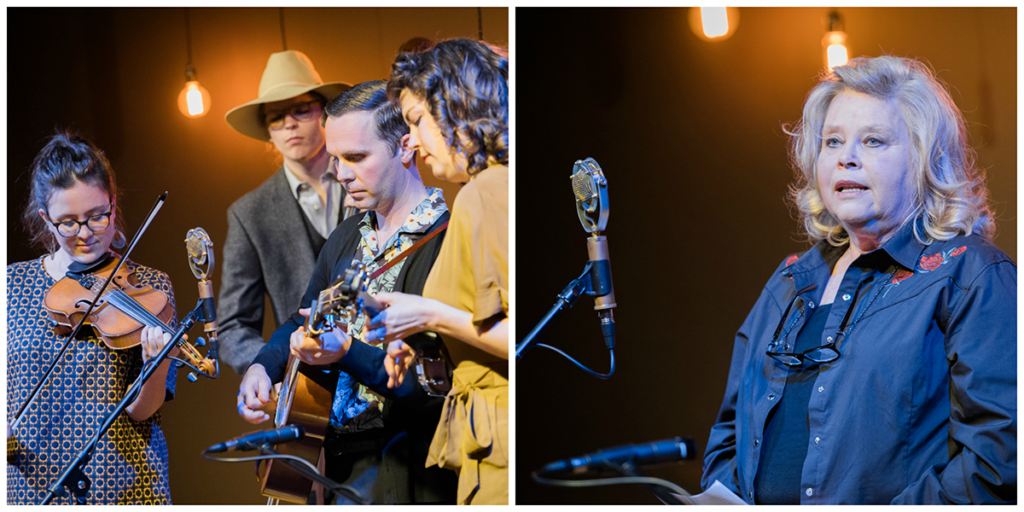 Right pic: Bill and the Belles clustered together on stage to sing; Left: Sally Bolling at the mic on stage