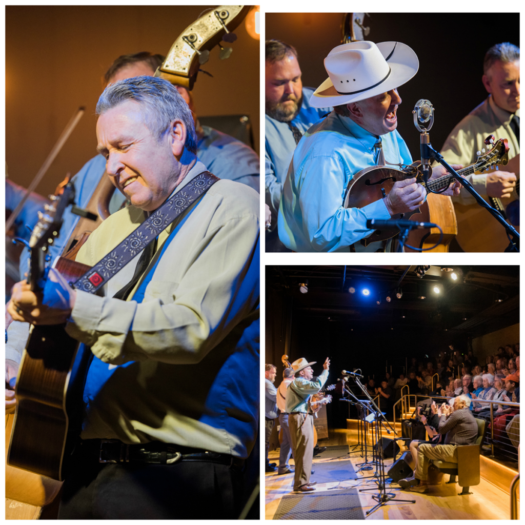 Right pic focuses in one of the Warrior River Boys on guitar; Top left pic focuses in on David Davis playing guitar and singing; Bottom left pic shows the whole band in front of the audience