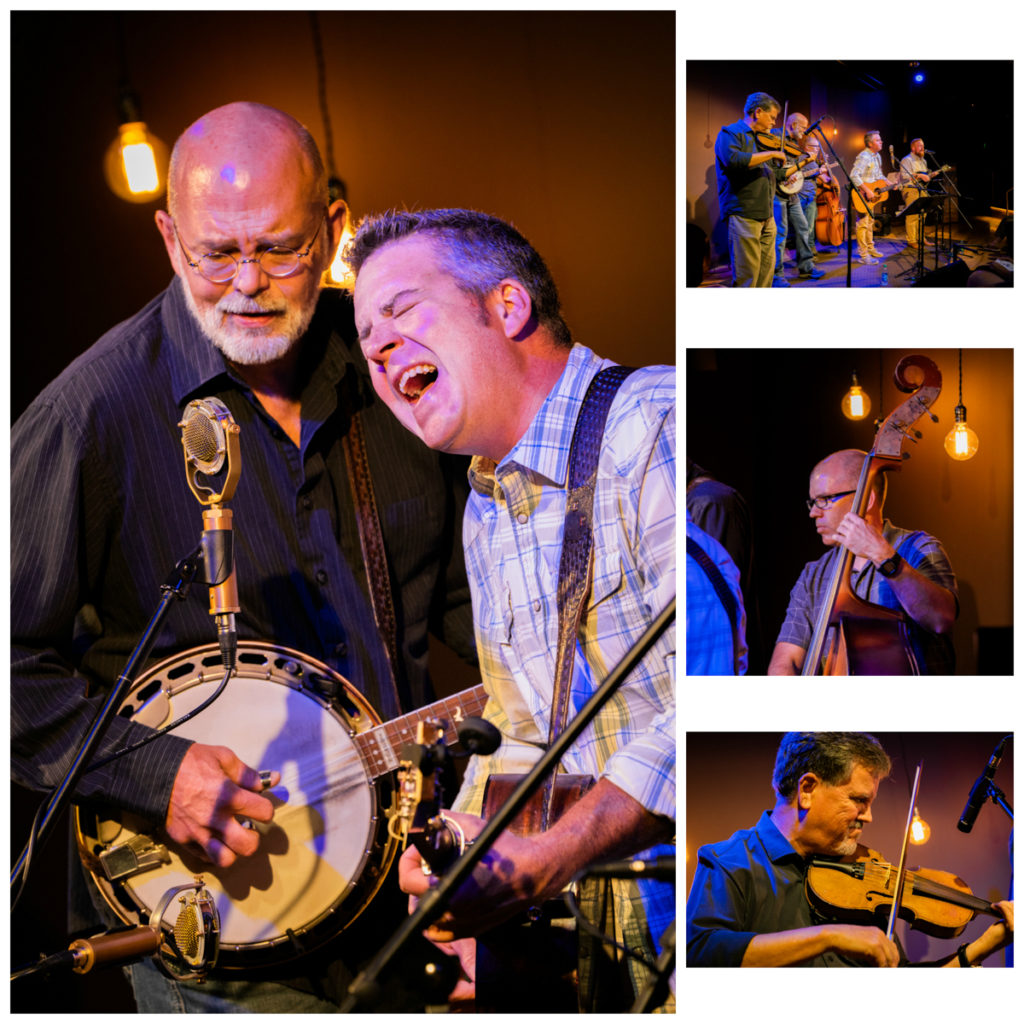 Left: Close up of the banjo and guitar players singing and playing at the mic; Top right: The full band on the Farm and Fun Time stage; Middle right: Close up of the bass player; Bottom right: Close up of the fiddle player.