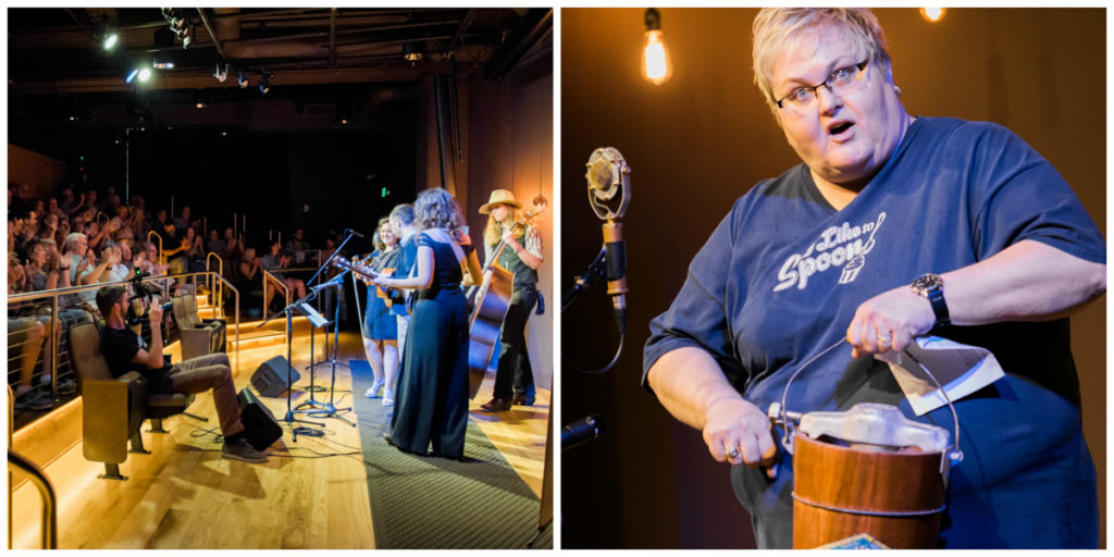 Left pic shows Bill and the Belles on stage with a full audience in front of them; right pic shows Karen Hester in front of the microphone, cranking an old-fashioned ice cream maker.