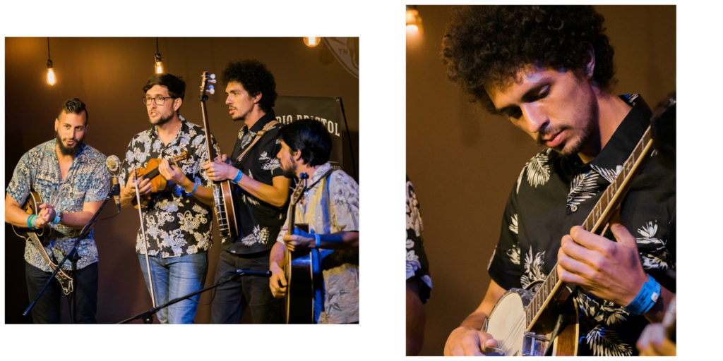 Left pic: All four members of Che Apalache playing on stage; right pic: close up of the band's banjo player.