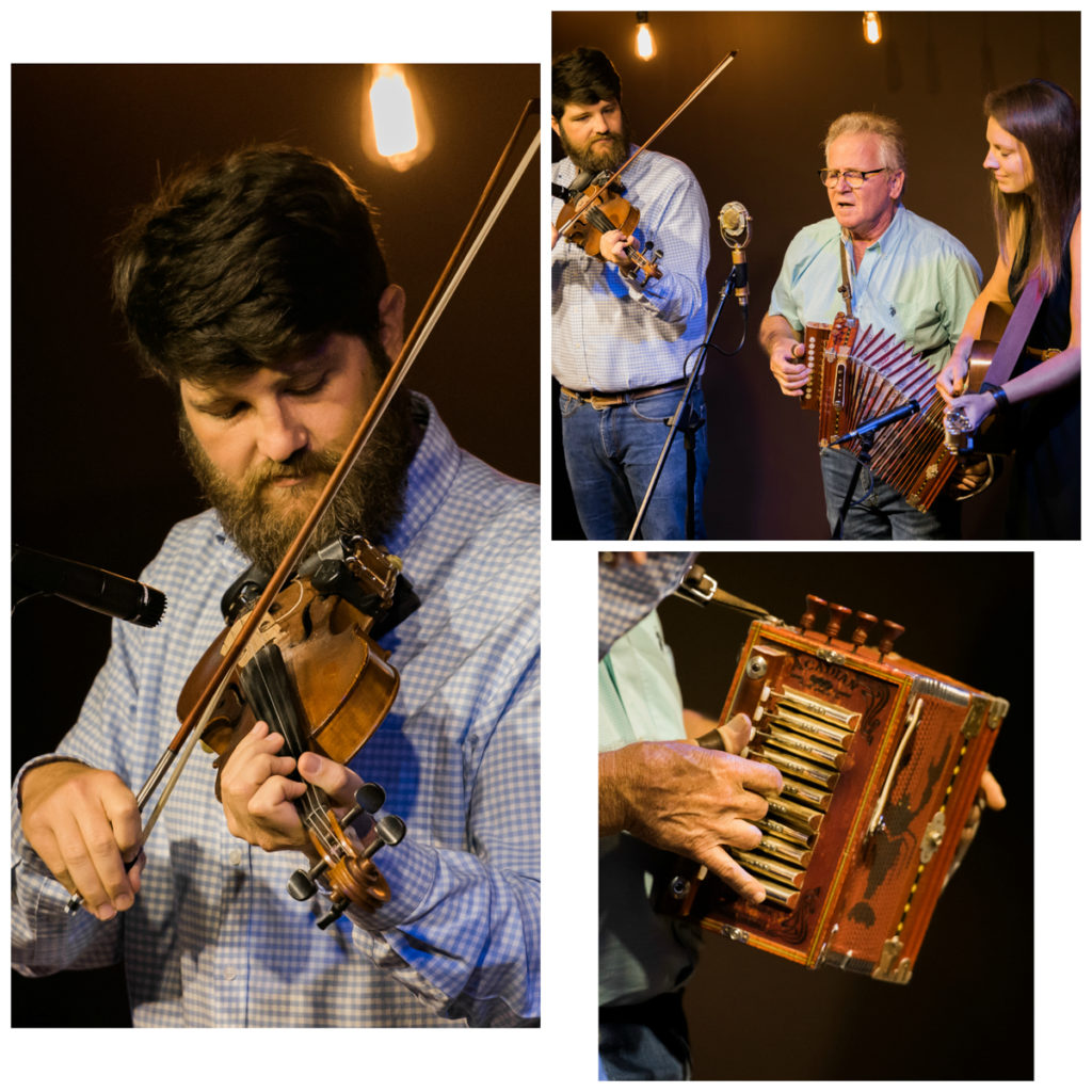 Left pic: Close up of Blake Miller on fiddle; top right pic: the full group of Jesse Lege and the Old Fashioned Aces playing together; bottom right: a close up of Lege's accordion.