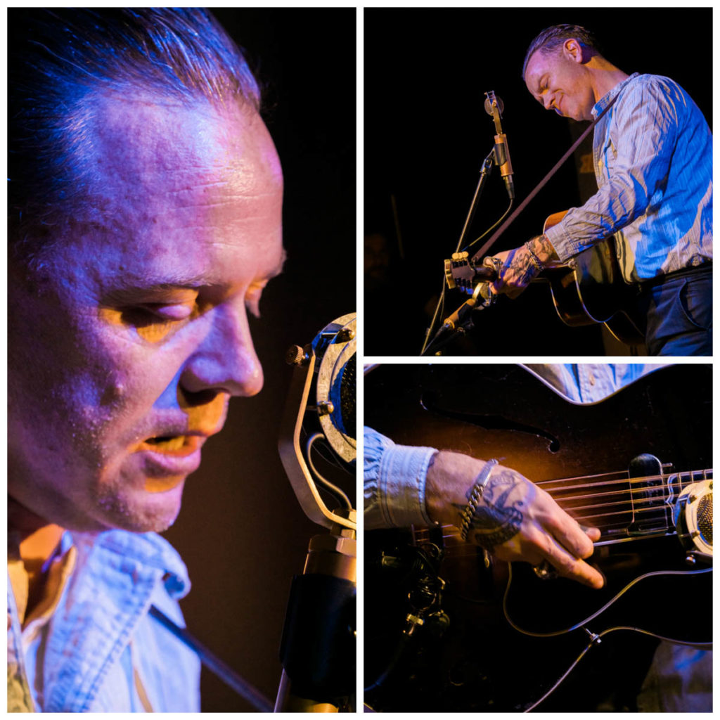 Three images:
Left: A close-up of C. W. singing in to the mic.
Top right: C. W. on guitar at the mic.
Bottom right: A close-up of C. W.'s tattooed hand on playing his guitar.
