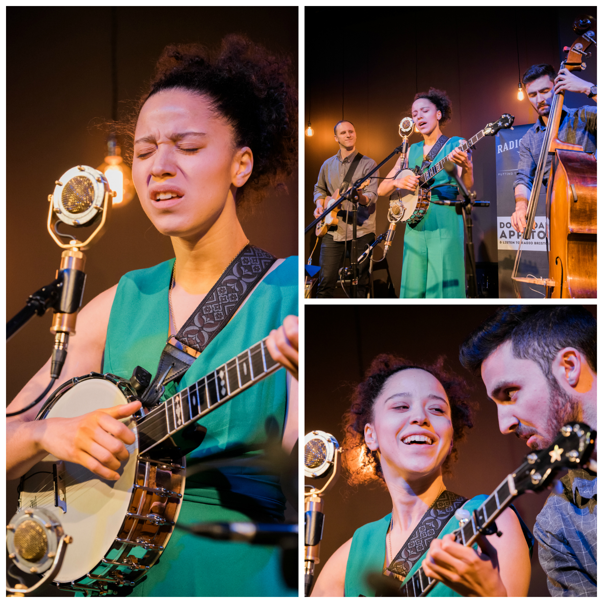 Left pic: Close up on Kai, eyes closed and singing at the mic with her banjo; top right pic: Kai flanked by her two band members; bottom right pic: Kai and the bass player lean together as they sing.