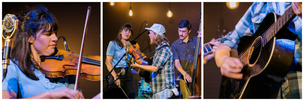 Three images -- Left: Amy Alvey playing the fiddle in front of the mic. Center: A view of Amy singing and Mark Kilianski playing guitar at the mic with their guest bass player behind them. Right: A close-up of Mark's guitar.