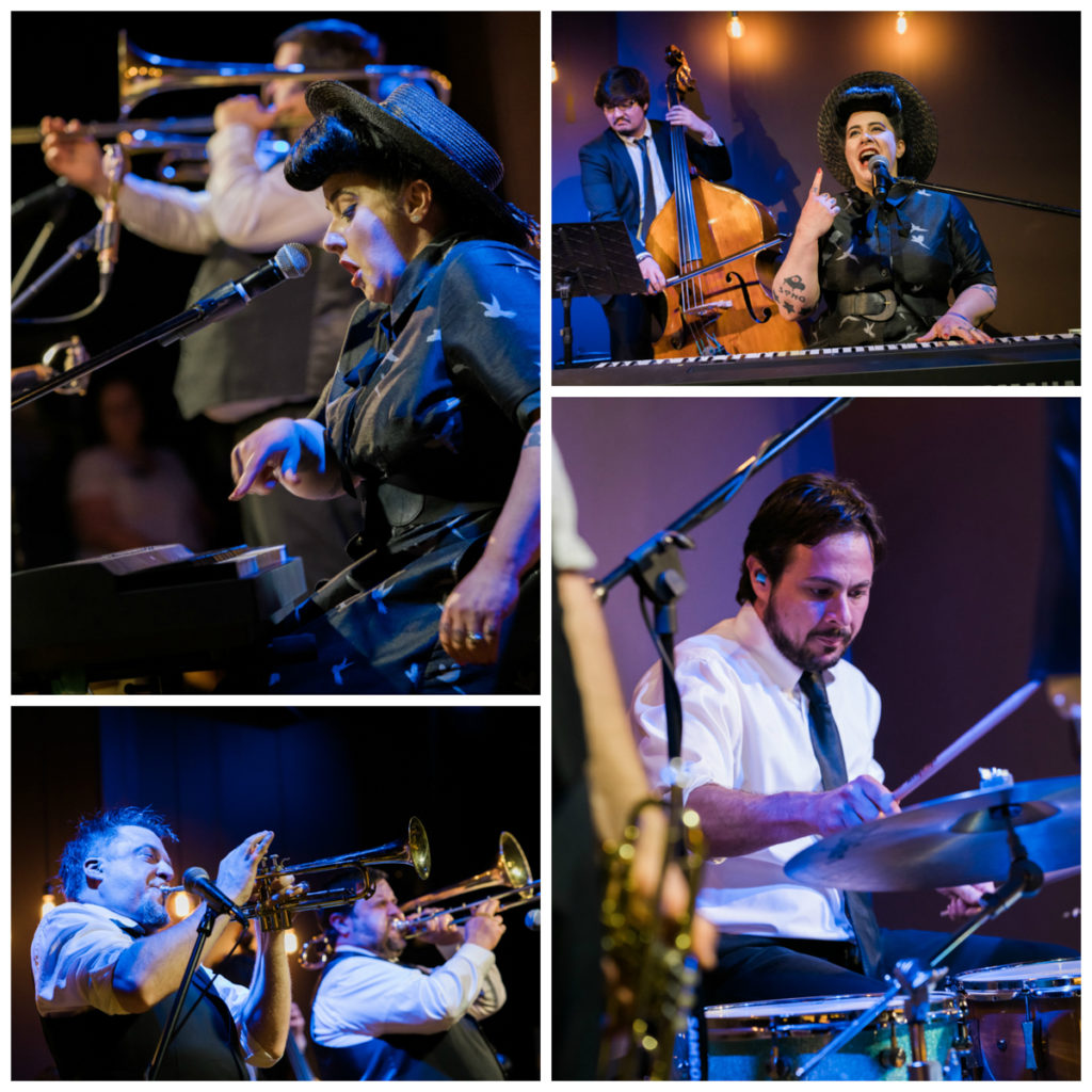 Four pics -- Top left: Davina, wearing a black dress and black hat and with her black hair styled in a 1950s-style pompadour, at the keyboard with the horns behind her. Bottom left: The two horns players blowing their trumpet and trombone. Top right: Davina singing at the keyboard with the bass player behind her. Bottom right: A view of the drummer.