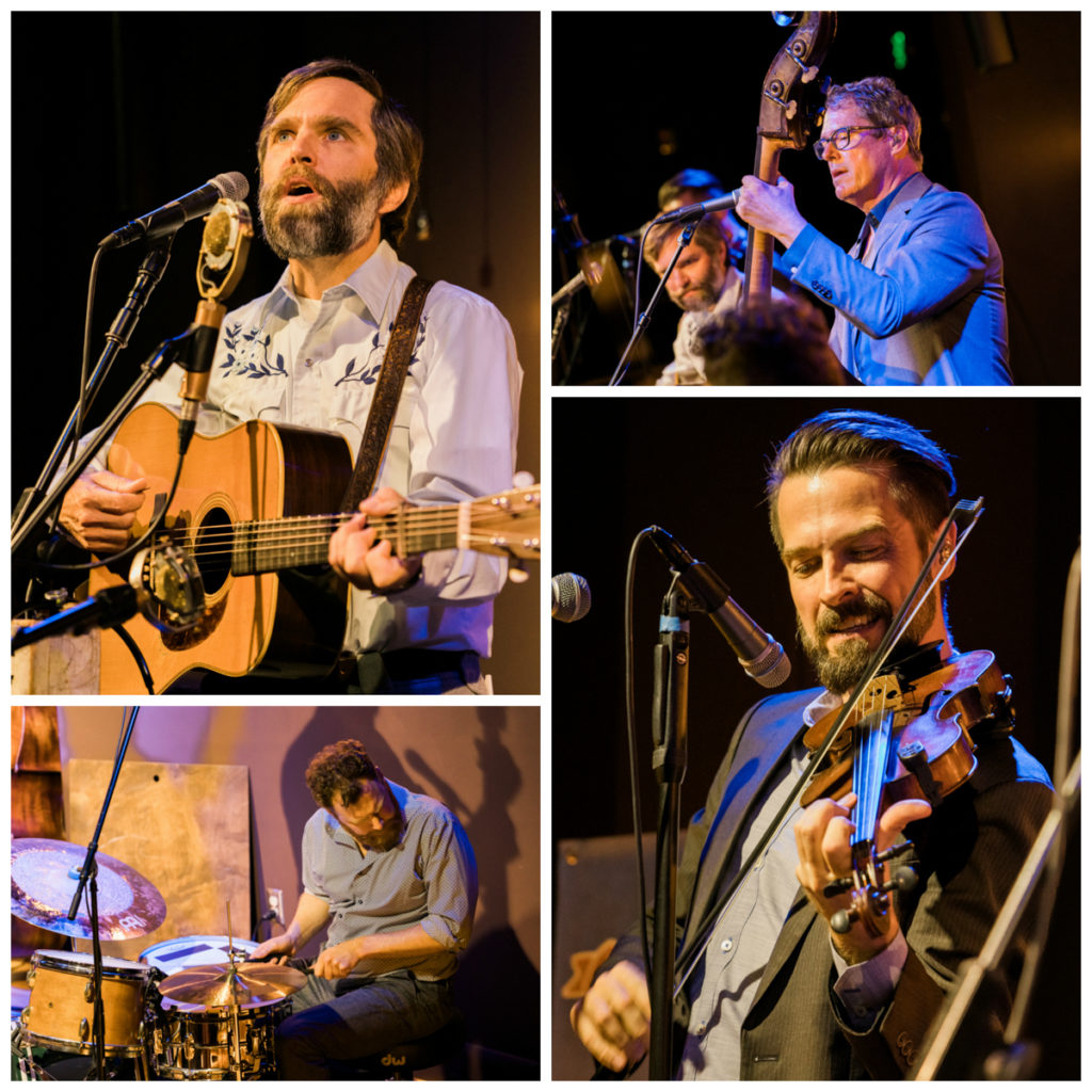 Top left: Photo focused in on the guitar player wearing an embroidered shirt. Top right: Photo focused in on the bass player, with the guitar player in the background. Bottom right: Photo focused in on the fiddle player wearing a dark suit. Bottom left: Photo focused in on the drums player.
