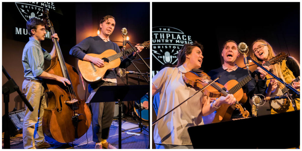 Left: Bill and the Belles' bass player Andrew Small and Kris Truelsen, aka Bill, on guitar.
Right: Kalia Yeagle (fiddle), Kris, and Helena Hunt (banjo) sing together at the mic.
