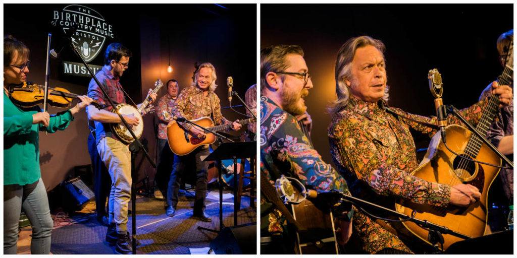 Left: Jim Lauderdale and his band play together on stage.
Right: A close-up of Lauderdale, wearing a colorful shirt and playing guitar.
