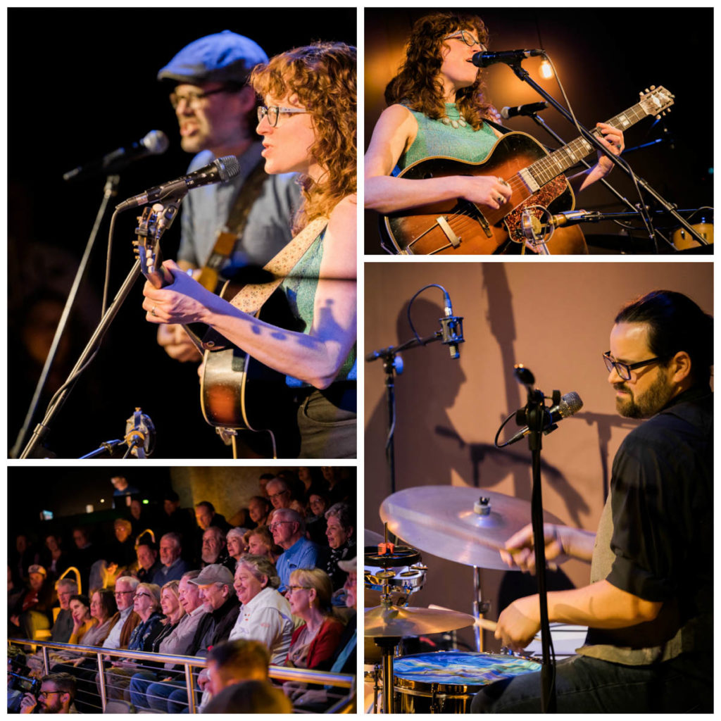 Top left, top right, and bottom right images all show Miss Tess singing with her guitar and various band members, including the drummer.
Bottom left: A shot of the full audience at the show.