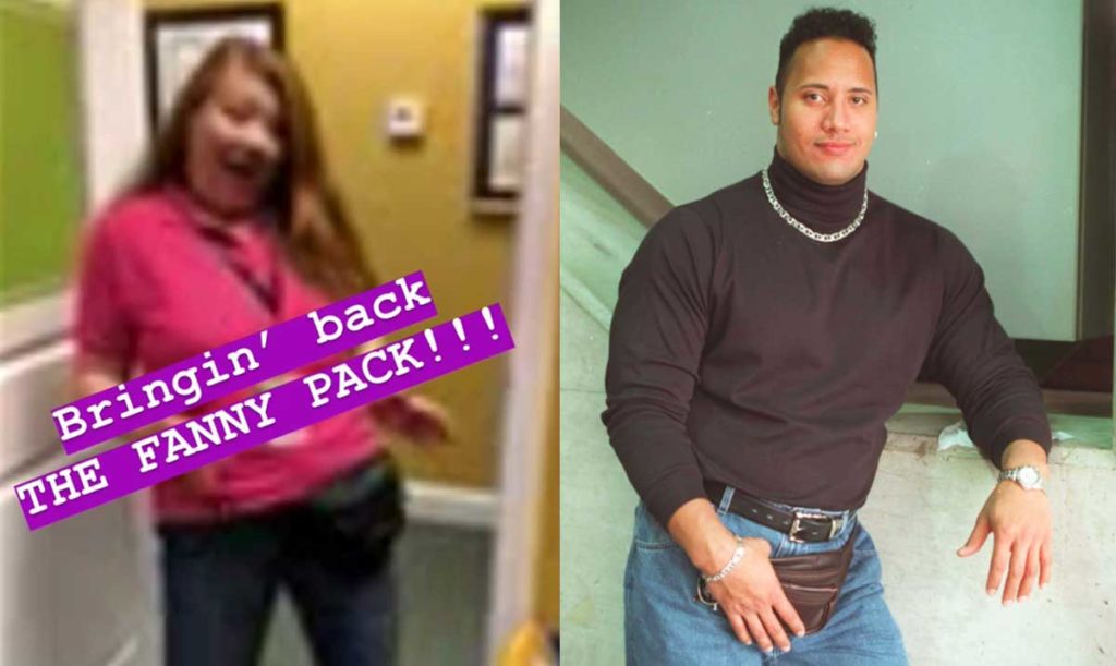 Photos of the article's author and actor Dwayne Johnson, a.k.a. The Rock, both wearing fanny packs. 