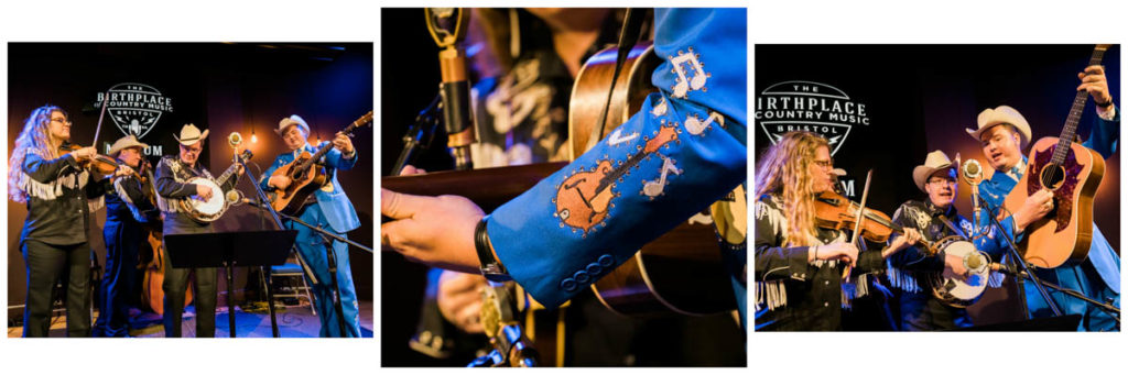 Left: The full Kody Norris Show band on stage; Center: Detail of Kody's western-inspired blue jacket sleeve bearing an images of a mandolin and music notes; Right: The Kody Norris Show's fiddler, banjoist, and Kody on guitar.