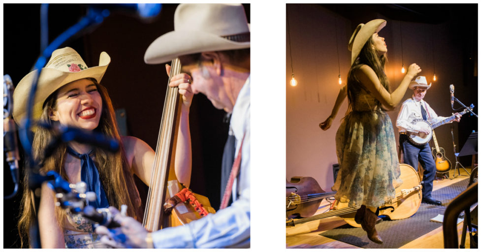 Two photos: Left, Martha and Larry singing together; Right, Martha flatfooting on the stage while Larry plays banjo.