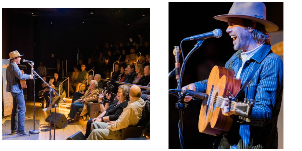 Two photographs: Left, Willie Watson in front of the Farm and Fun Time crowd; Right, a close-up shot of Willie playing the guitar and singing.