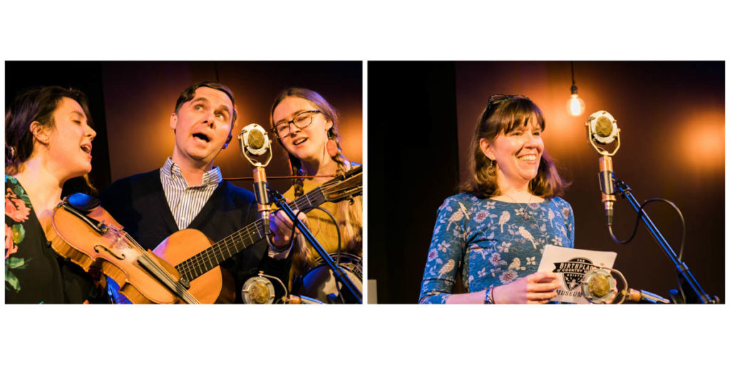 Left: A close-up of Bill and two of the Belles singing at the mic; Right: Rene Rodgers telling the story of the radio transcription disc on stage.