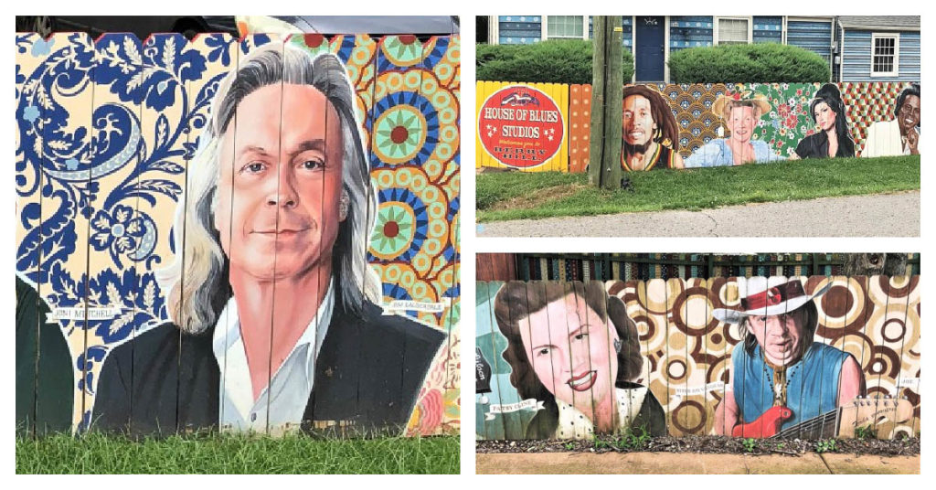 All portraits are head and shoulders. The left-hand image shows Jim Lauderdale with two different graphic floral backgrounds behind him. He is white man wearing a black jacket and a white collared shirt, and his white shoulder length hair is swept back from his forehead. The Top right image shows Bob Marley (a Black man with dreadlocks wearing a sleeveless black shirt with colored trim), Minnie Pearl (a white woman in a blue country-style dress and wearing a straw floral hat with the price tag hanging off one side), Amy Winehouse (a white woman wearing a black short-sleeve shirt and her black hair is pulled back into a bouffant-style with the length hanging down and sideswept bangs), and James Brown (a Black man wearing a cream-colored suit). The bottom right image shows Patsy Cline (a white woman with brown hair pulled back from her face and wearing a black jacket and polka-dot collared shirt) and Stevie Ray Vaughn (a white man wearing a white cowboy hat with red band, a blue sleeveless tee, and holding a red electric guitar).