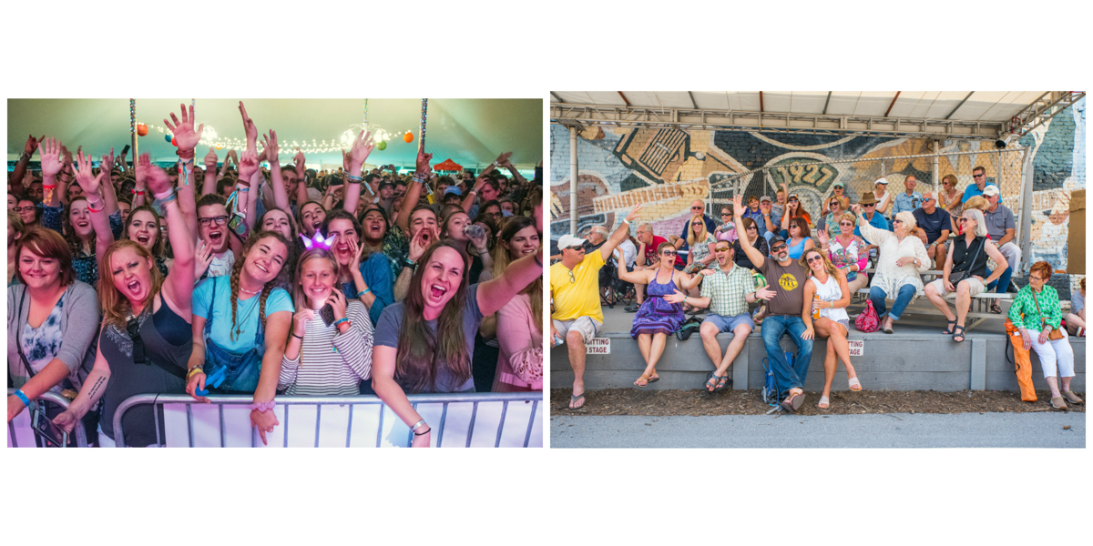 Left-hand pic shows a large crowd in one of the tent stages; right-hand pic shows a group of festivalgoers having fun together at the country mural.