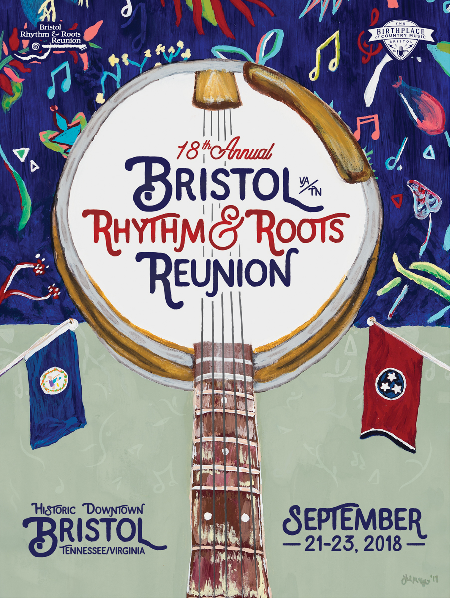 The final poster with the big "moon" banjo dominating the design, flanked by the two states flags, and the information about the festival (dates, name, logos).