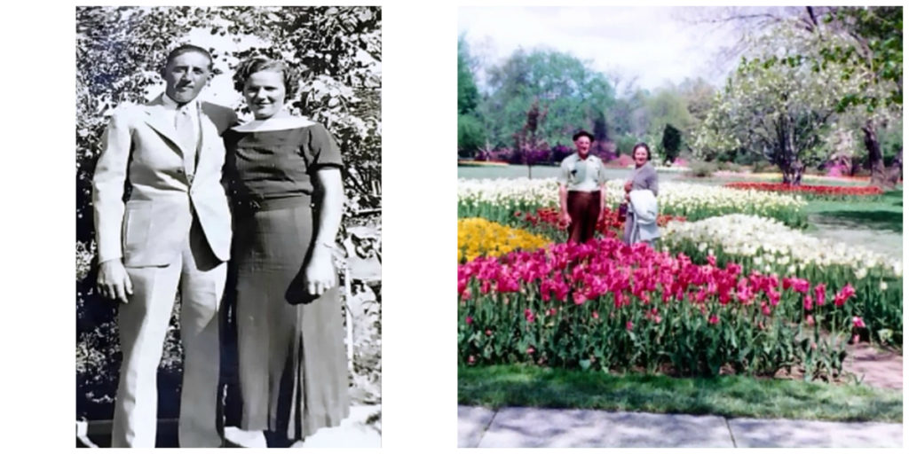 Left pic: B&W photograph of Paul and Georgia Warren; right pic: Paul and Georgia Warren standing in a flower bed.