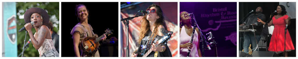 Five photographs of female artists on stage performing at Bristol Rhythm 2018.