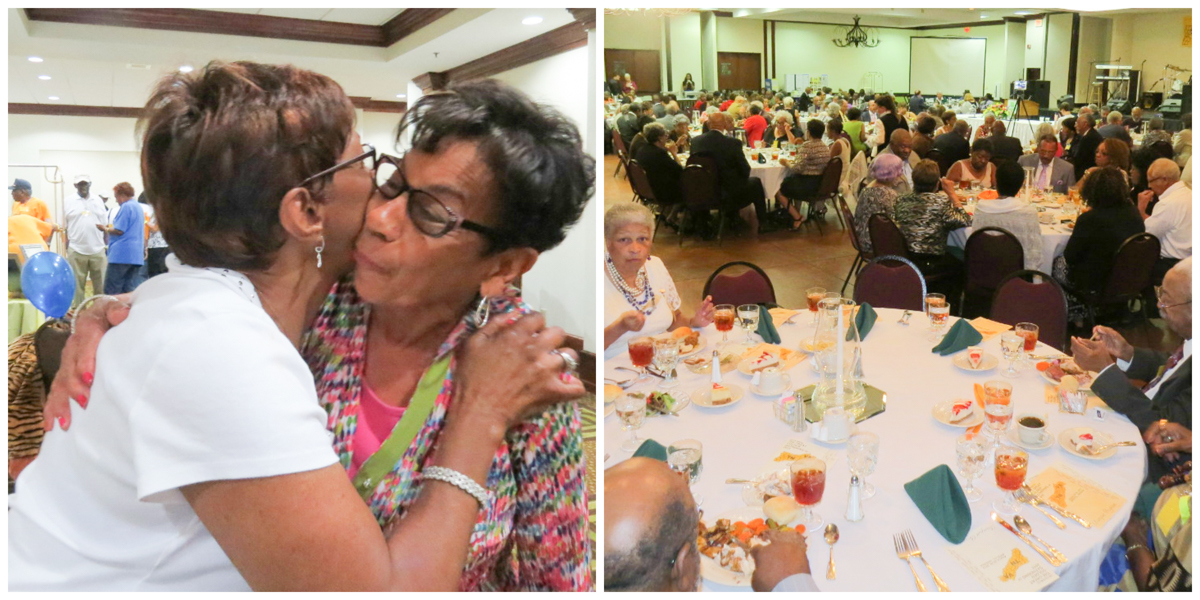 Left pic: Two alumni greet each other with a hug; right pic: Several tables of alumni fill a room for the Great Golden Gathering banquet.