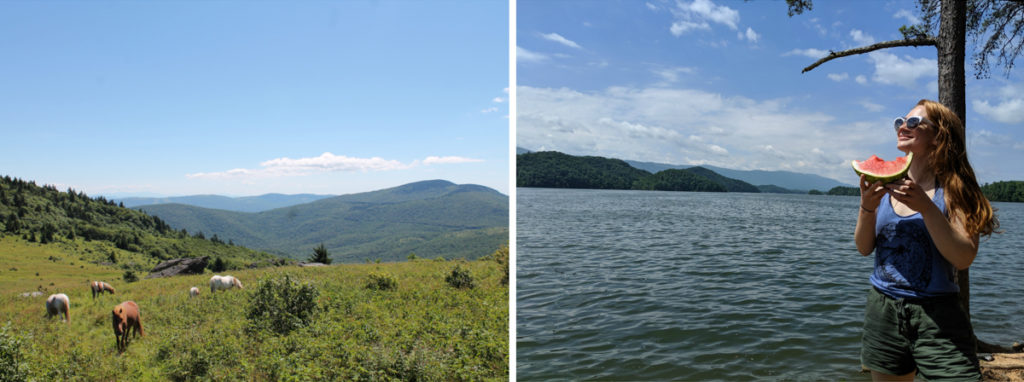 Left: The rolling mountains of the Blue Ridge stretch out in front of a green hill with several grazing ponies. Right: The author stands on the short of the lake with her face turned to the sun and holding a big slice of watermelon.
