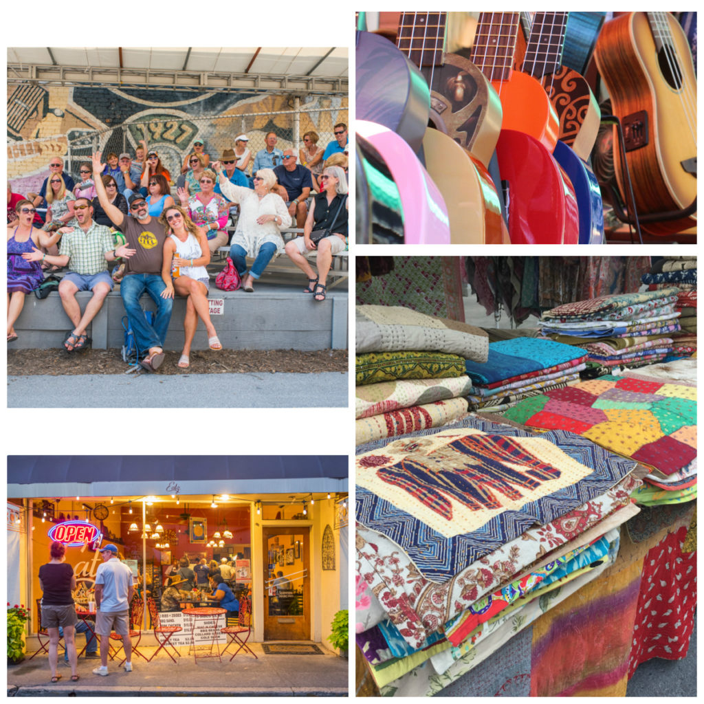 Top left image shows a host of festivalgoers cheering near the Downtown Mural stage; top and bottom right images features artisan items from the festival vendors, including guitars and quilts; bottom left picture shows a view into the restaurant Eatz on Moore Street