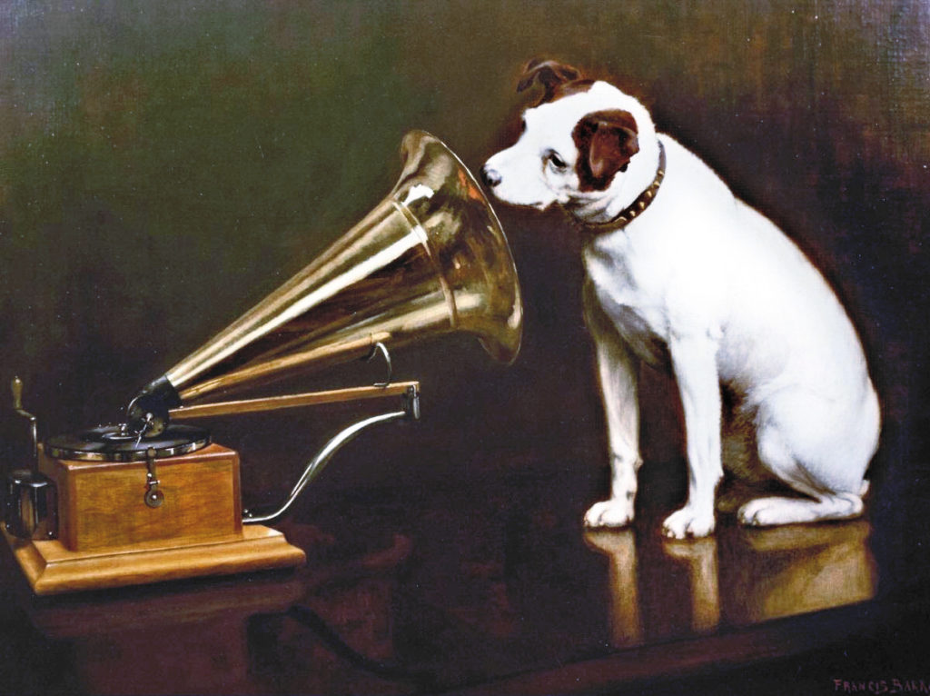Painting of a disc gramophone, Nipper sitting in front of it looking into the shiny brass horn.
