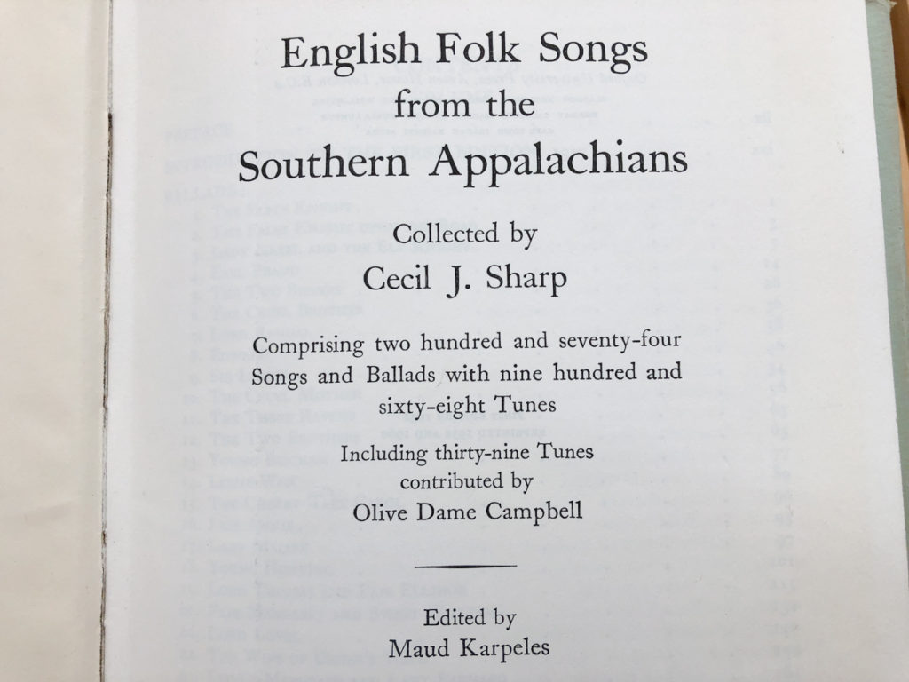 Title page from 1932 edition of English Folk Songs from the Southern Appalachians. It reads as: Collected by Cecil J. Sharp...Including thirty-nine tunes contributed by Olive Dame Campbell