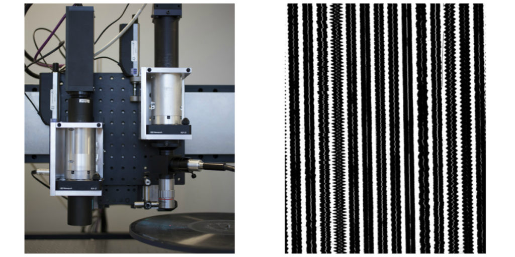 Two photographs showing the IRENE camera appartus with a record disc and the wavy black lines that are created from the camera's photographs of a disc.