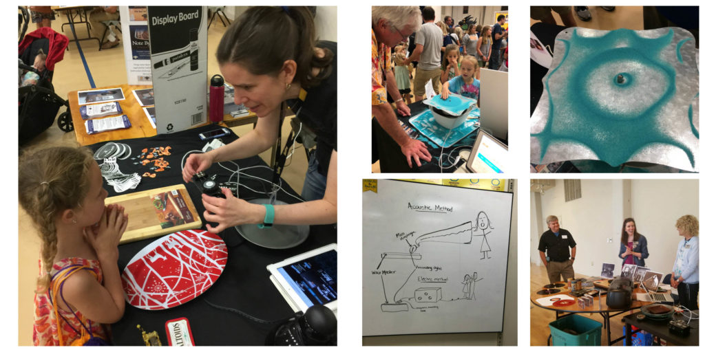 Left: A young girl listens to an explanation of amplification while looking at the equipment held by the head curator; Top right: A metal plate covered in blue sand sits between a museum volunteer and a young girl in one picture while the second shows the geometric pattern formed by the sound from the sound waves that have been directed to the metal plate; Bottom right: A drawing of the acoustic and electric methods of recording on a white board at a school in the first pic, while the second pic shows two tables bearing a variety of different playback machines such as a record player, a CD player, a tape player, and several cylinders and records.
