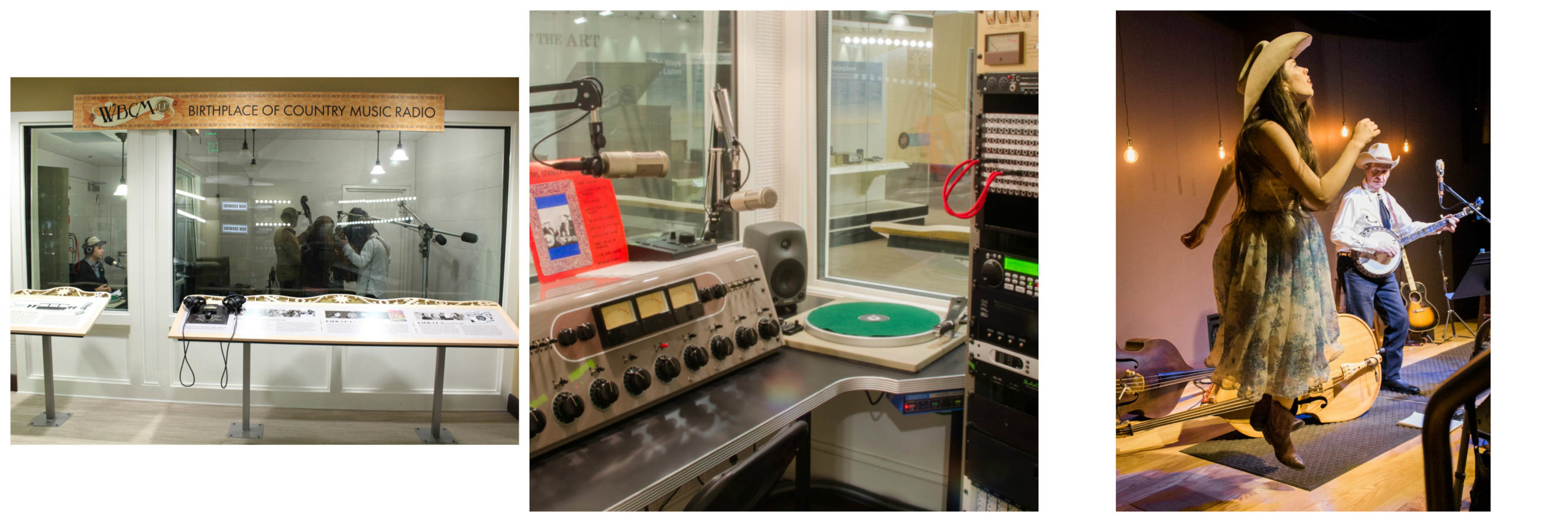 Left: A view of the radio station from outside the booths showing a DJ in the smaller room to the left and a band recording live in the larger space to the right; center: A view of the console, turntable, and other equipment in the DJ booth; Right: A musician on banjo plays while Martha Spencer flatfoots live on the Farm and Fun Time stage.