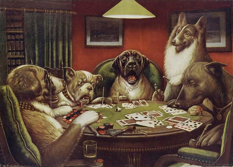 A poker game around a table where all the players are dogs.