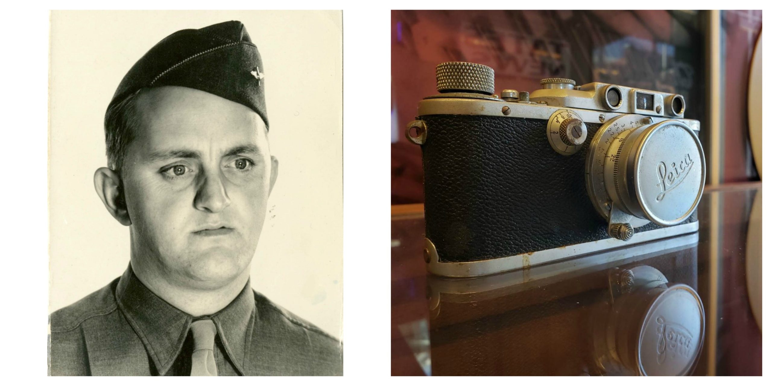 Left: Portrait of William Lawrence Inscho Sr. in his military uniform. Right:  Picture of Inscho Sr.'s Leica camera.